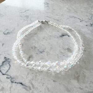 Vintage Crystal Bead Necklace Clear AB Double Strand Hook Clasp